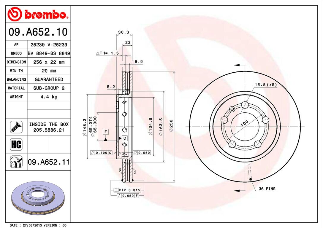 Audi VW Brembo Disc Brake Rotor - Rear (256mm) 8N0615601B